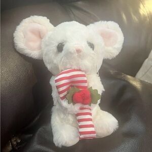 Adorable White Plush Mouse with Candy Cane